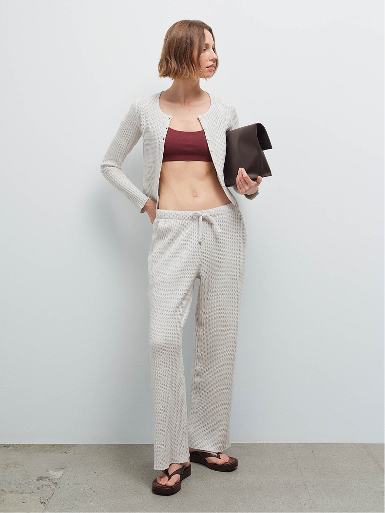Organic Waffle Crew Cardigan and Straight Leg Sweatpant in Marled Cloud