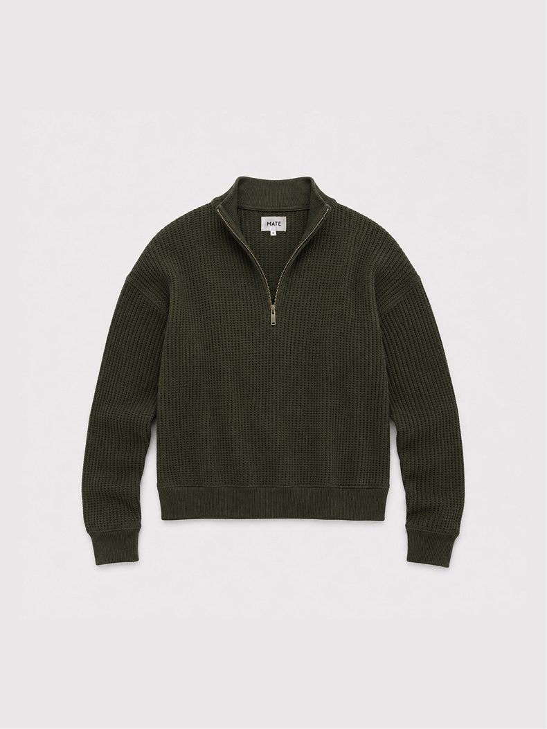 Organic Waffle Collared Half-Zip Sweatshirt in Heather Pine