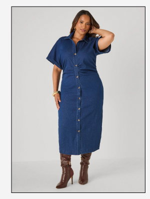 Ruched Denim Maxi Shirtdress