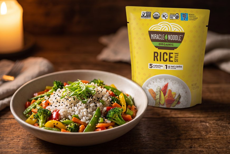 A pouch of Miracle Noodle konjac rice on a counter
