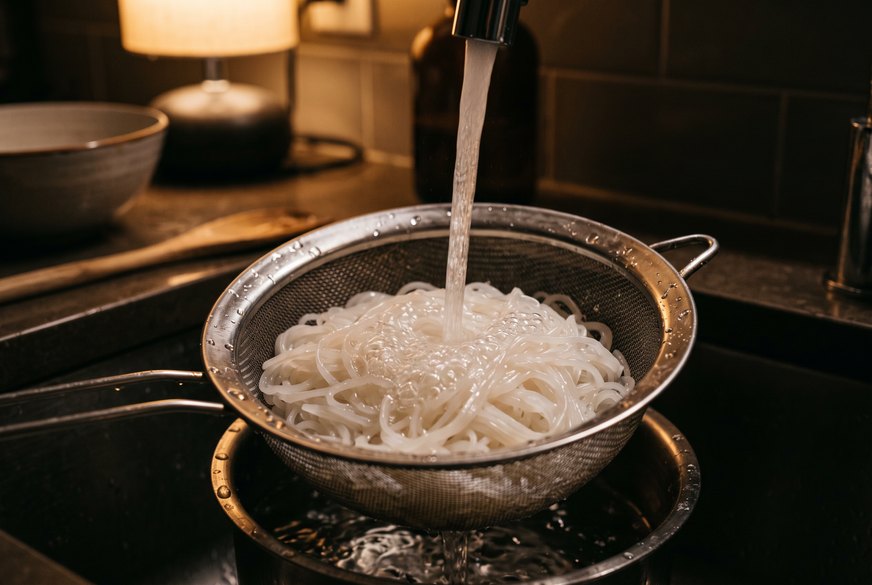 Hands rinsing Miracle Noodle noodles under running water