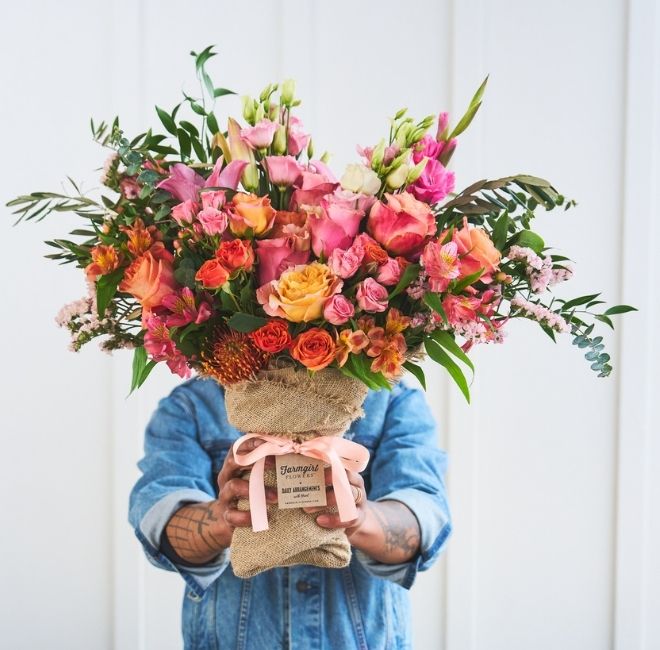 Our bestselling Just Right bouquet in oranges and pinks - $99 