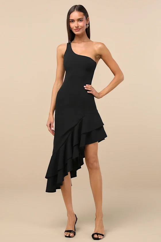 Image of Steal a Glance Black One-Shoulder Asymmetrical Midi Dress