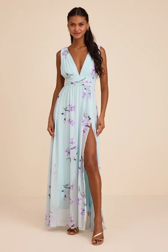 Image of Garden Meandering Mint Blue Floral Print Maxi Dress