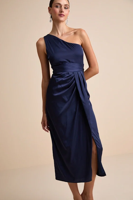 Image of Rhema Navy Satin Midi Dress