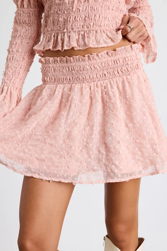 Image of Katima Blush Pink Swiss Dot Smocked Mini Skirt