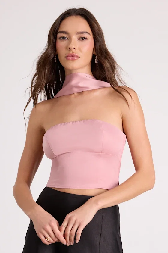 Image of Jassana Dusty Rose Satin Scarf Crop Top