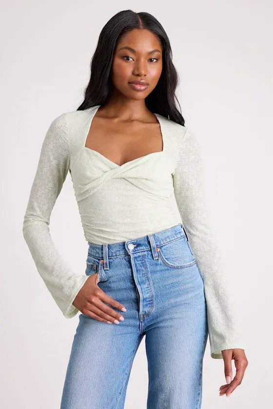 Image of Emada Light Mint Textured Twist-Front Long Sleeve Top