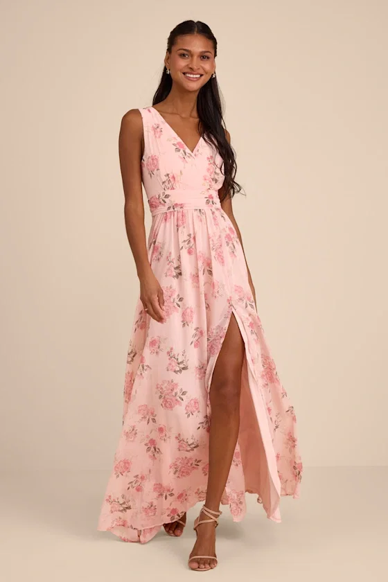 Image of Heavenly Hues Blush Floral Surplice Maxi Dress