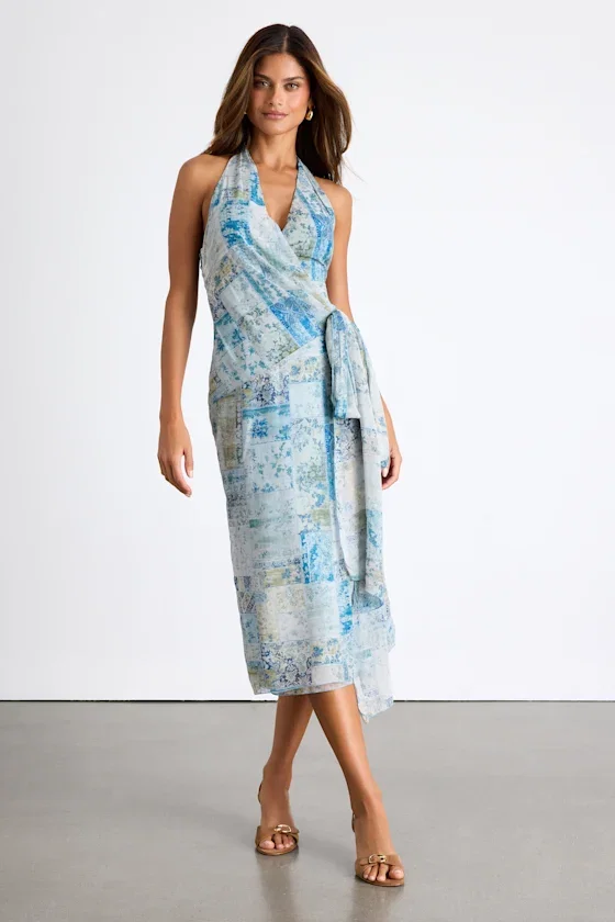 Image of Francine Light Blue Multi Boho Print Halter Midi Dress