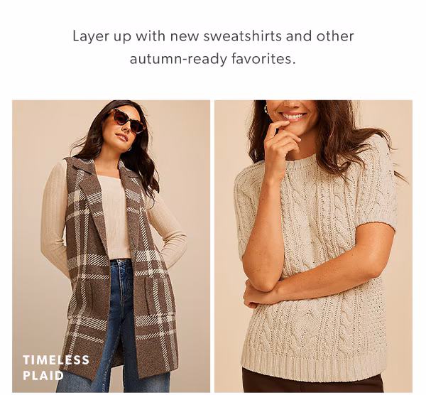 Layer up with new sweatshirts and other autumn-ready favorites. Timeless plaids. Models wearing maurices clothing.