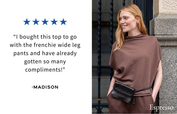 "I bought this top to go with the frenchie wide leg pants and have already gotten so many compliments!" -Madison - Image of a woman wearing a brown French terry Dolman top 