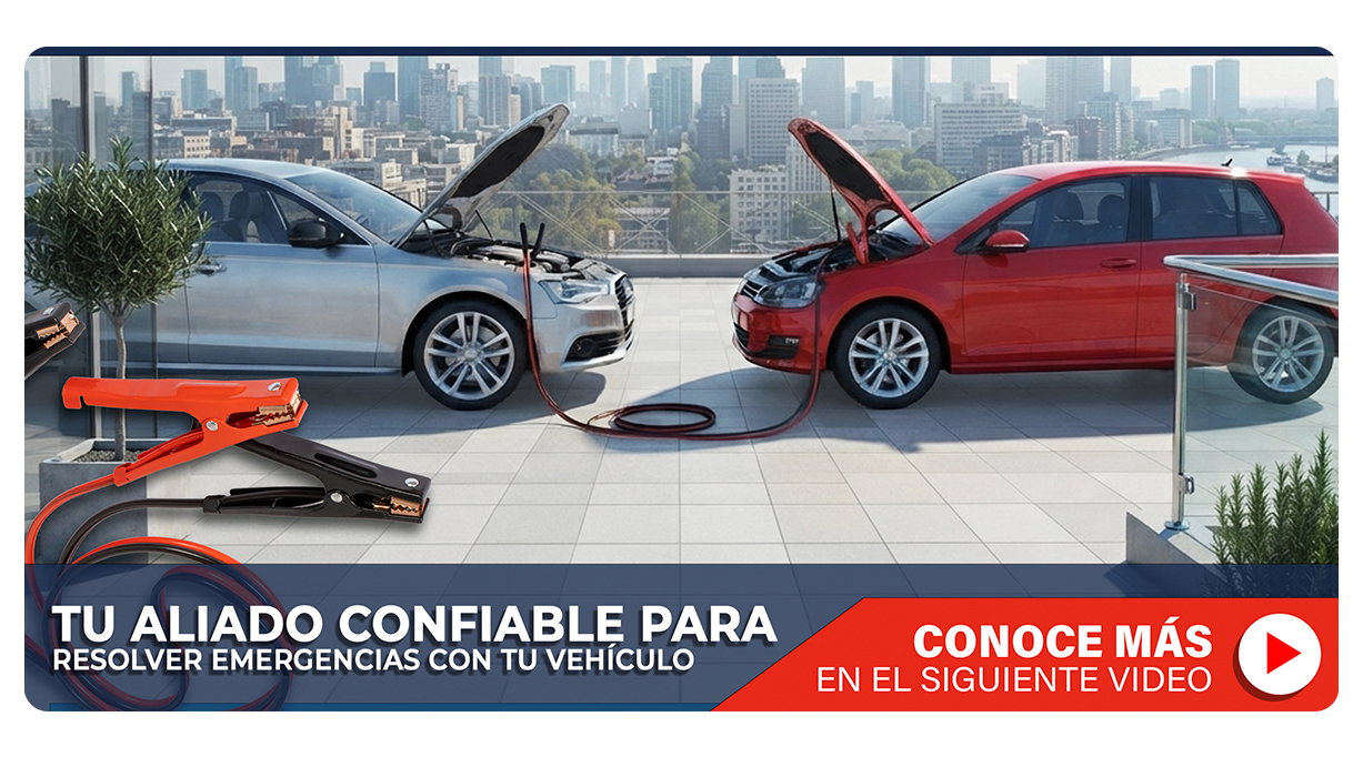 Two cars with open bonnets linked by jumper cables on a rooftop parking area with city skyline, emergency jumpstart scenario