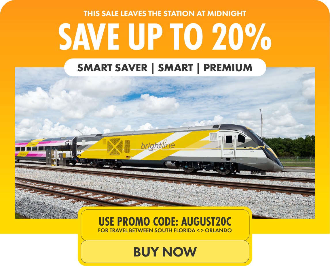 Digital advertisement promotes a Brightline train travel sale with bold yellow and white graphics. A modern passenger train is shown on tracks under a partly cloudy sky. Large text highlights savings of up to 20% and fare types labeled Smart Saver, Smart, and Premium. The offer includes a promo code AUGUST20C for travel between South Florida and Orlando, with a prominent Buy Now call-to-action button.
