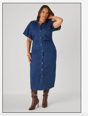 Ruched Denim Maxi Shirtdress