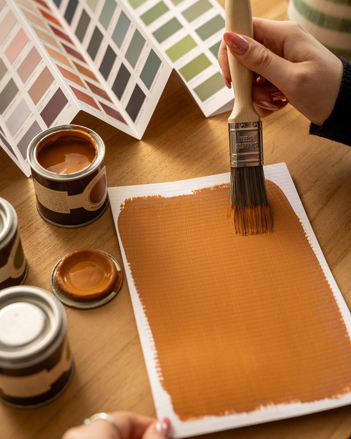 Hand painting a brownish-orange swatch beside colour charts and paint tins.