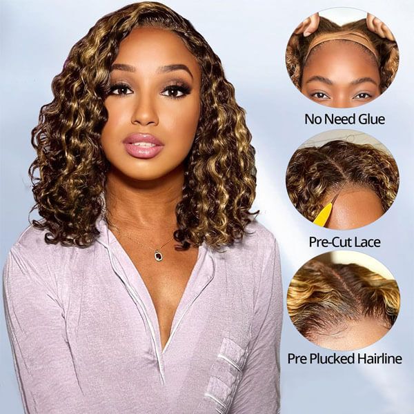 GLUELESS HIGHLIGHTS WIGS CURLY BOB PRE CUT LACE WIG HUMAN HAIR