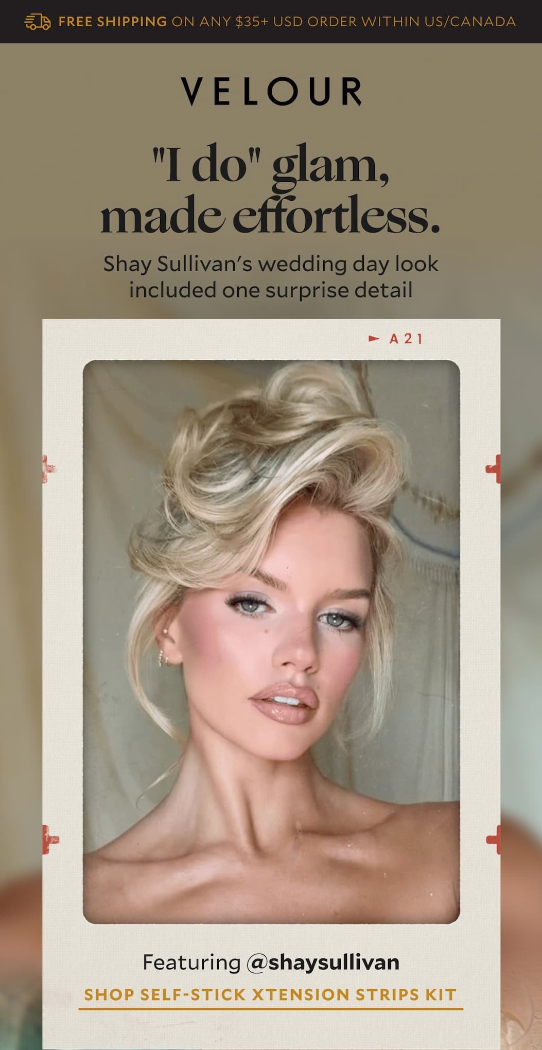  "I do" glam, made effortless.​  Subheader: Shay Sullivan's wedding day look included one surprise detail — no lash glue in sight.​  ​