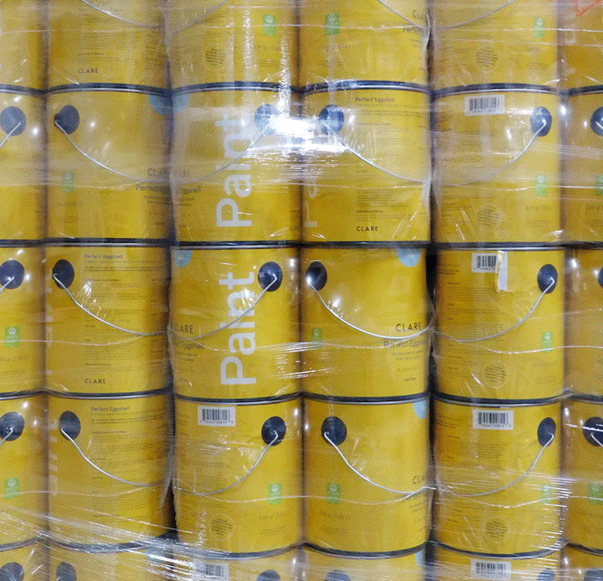 Clare paint cans in the warehouse