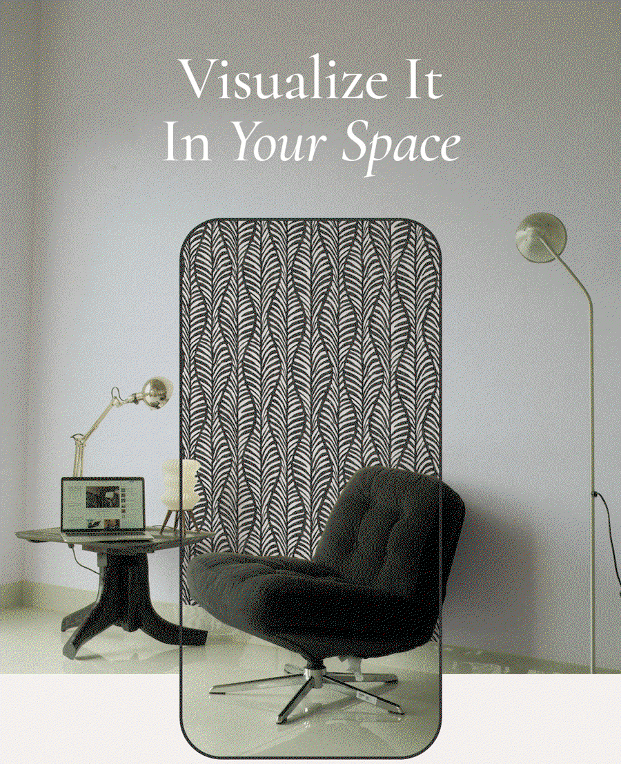 Gif image showing Tempaper's Wallpaper Visualizer on a mobile phone and rotating wallpaper patterns. Text overlay "Visualize it in your space"