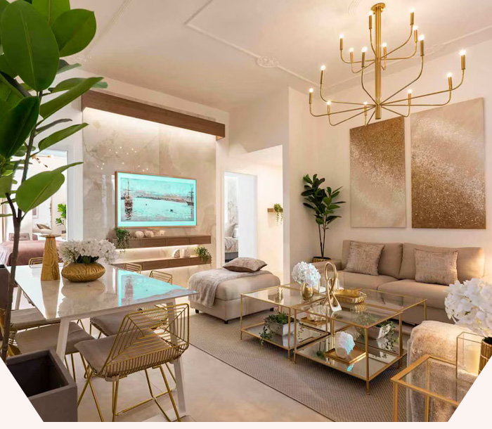 Light-filled Roman residence blending gilded accents, elegant lounge spaces, and contemporary charm.