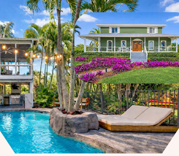 Tropical hideaway with a palm-lined pool, blooming gardens, and breezy outdoor living spaces.