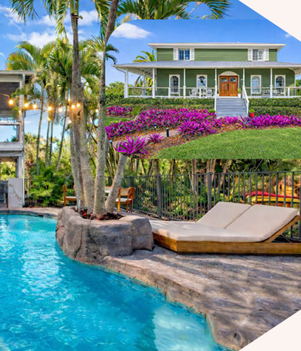 Tropical hideaway with a palm-lined pool, blooming gardens, and breezy outdoor living spaces.