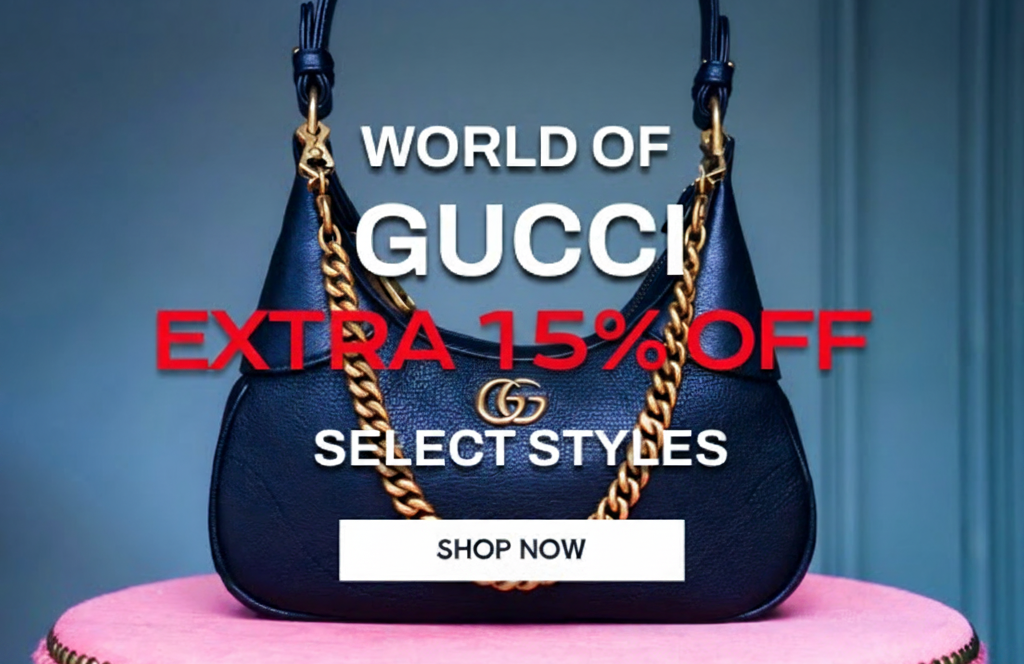 Gucci sale: Extra 15% off select styles, featuring a handbag, loafers, and sunglasses.