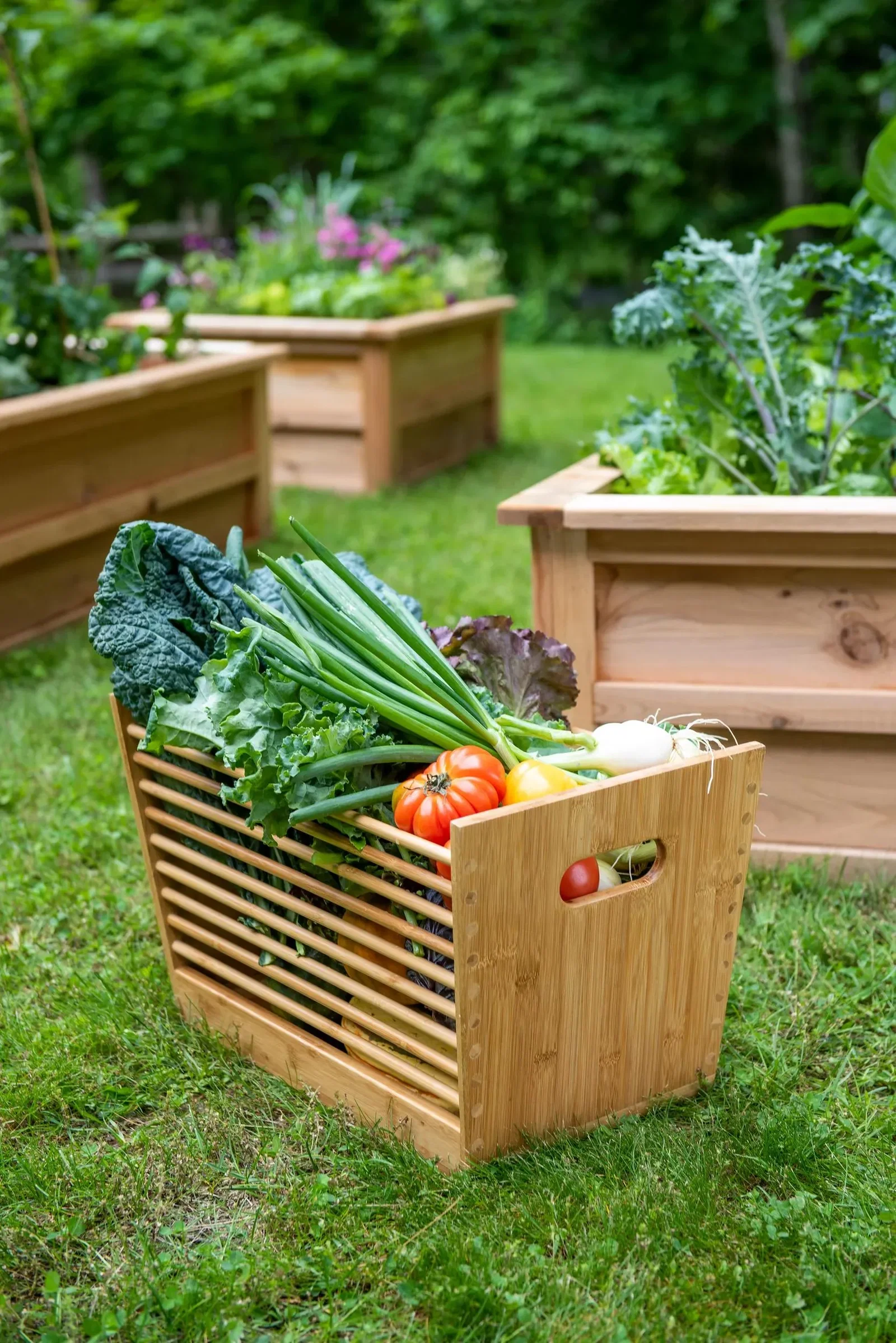 Image of Bamboo Garden Stool and Basket Combo