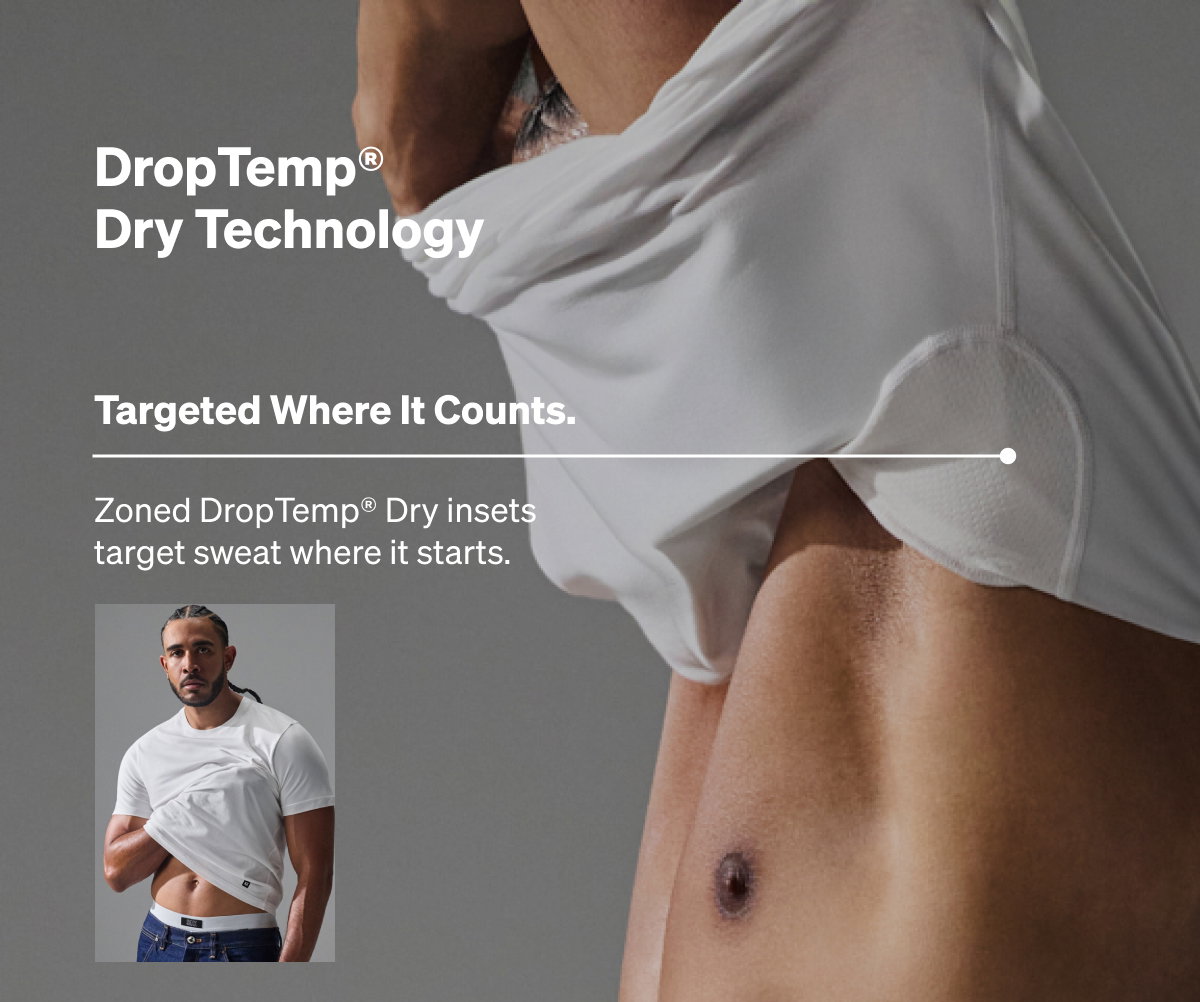 Model wearing a white performance tee highlighting DropTemp® Dry underarm panels, moisture-wicking fabric, odor resistance, and a tailored fit.