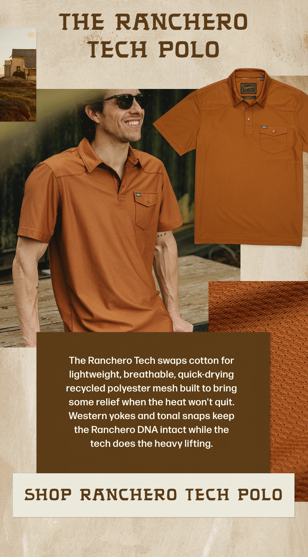 The Ranchero Tech swaps cotton for lightweight, breathable, quick-drying recycled polyester mesh built to bring some relief when the heat won't quit. Western yokes and tonal snaps keep the Ranchero DNA intact while the tech does the heavy lifting.