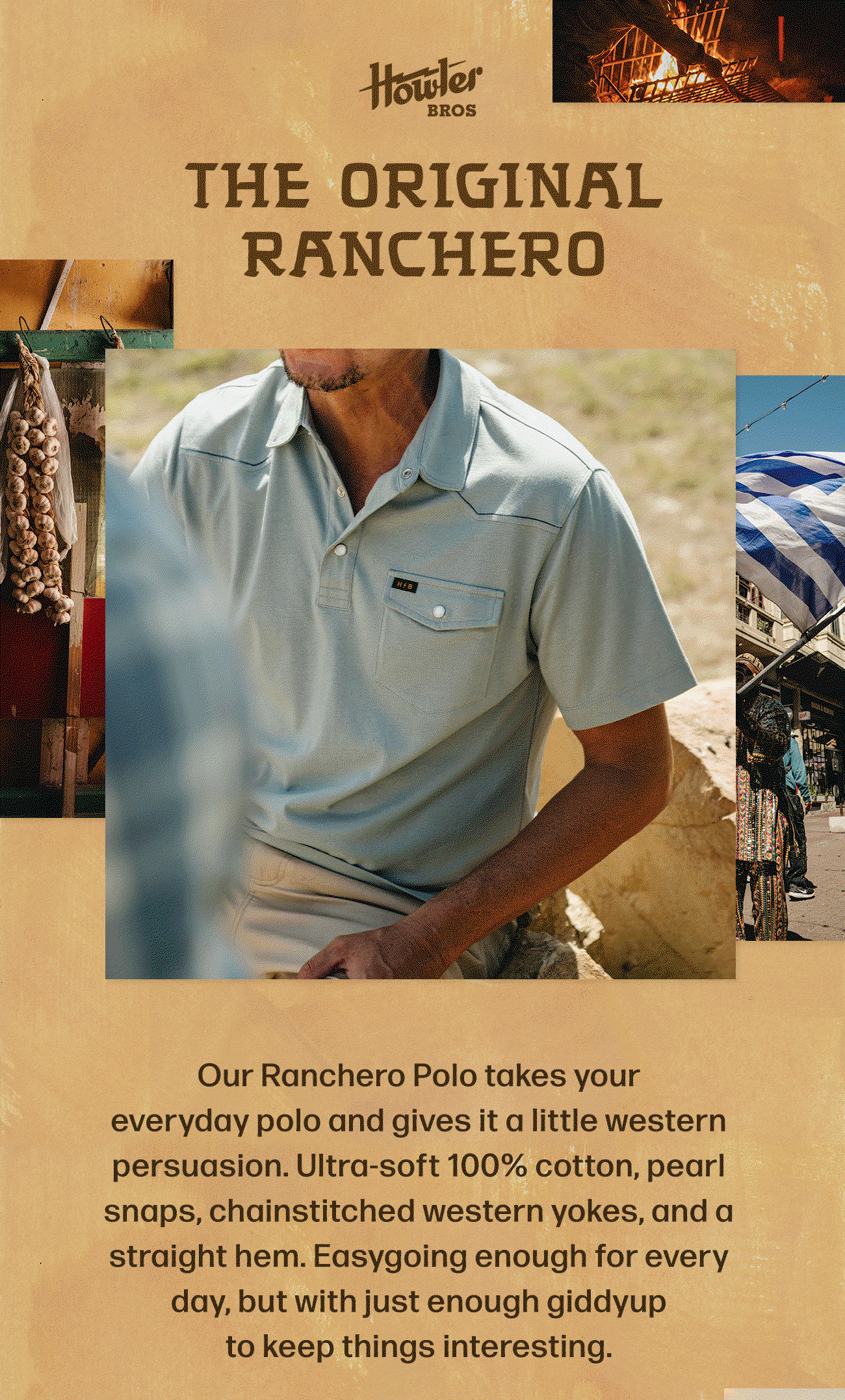 Our Ranchero Polo takes your everyday polo and gives it a little western persuasion. Ultra-soft 100% cotton, pearl snaps, chainstitched western yokes, and a straight hem. Easygoing enough for every day, but with just enough giddyup to keep things interesting.