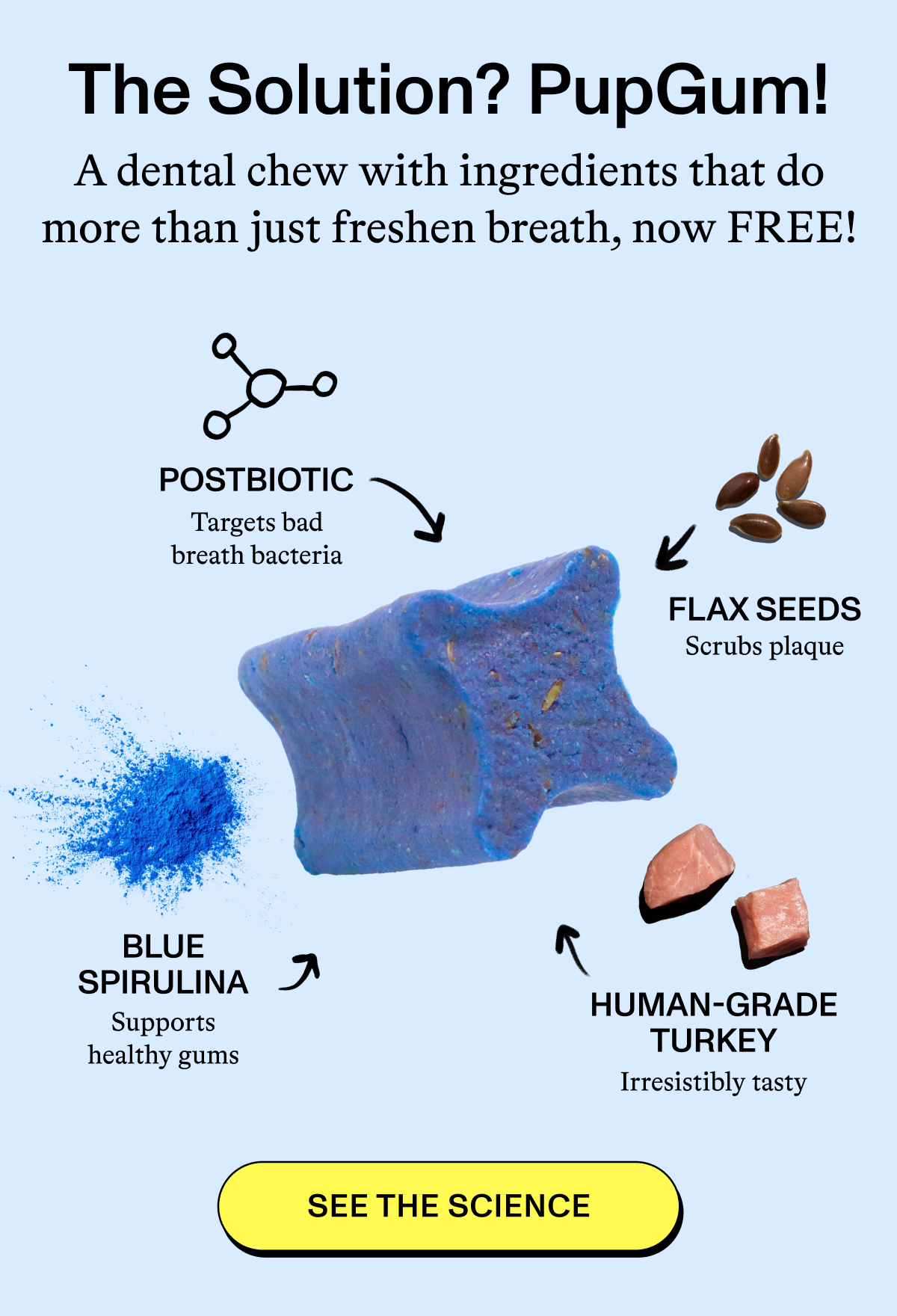 The Solution? PupGum!  A dental chew with ingredients that do more than just freshen breath, now FREE!  POSTBIOTIC Targets bad breath bacteria  FLAX SEEDS Scrubs plaque  BLUE SPIRULINA Supports healthy gums  HUMAN-GRADE TURKEY Irresistibly tasty  [SEE THE SCIENCE]
