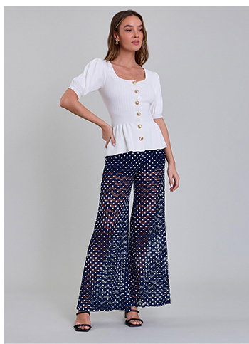 Ivory Ribbed Knit Peplum Top with Puff Sleeves
