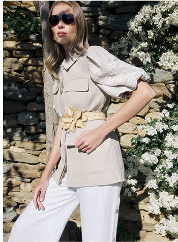Sand Linen Safari Shirt Jacket with White Embroidered Lace