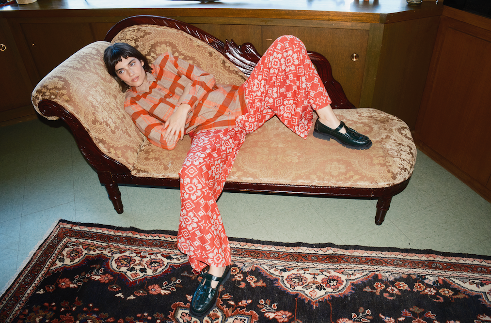model in alma shirt lipstick and quimby pant love