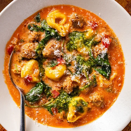 Spicy Tomato Soup with Tortellini and Sausage