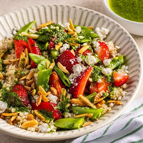 Quinoa Bowls with Snap Peas, Strawberries, and Basil Vinaigrette