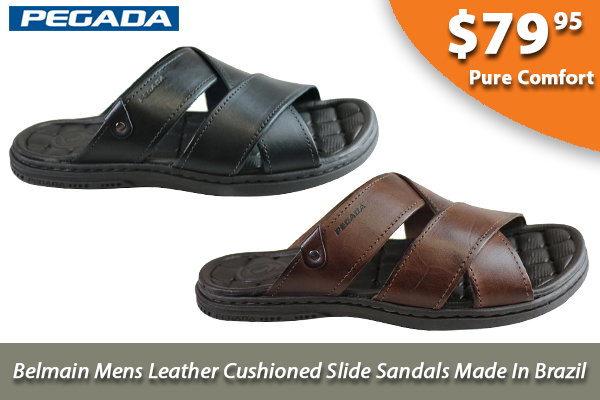 Pegada Belmain Mens Leather Cushioned Slide Sandals Made In Brazil