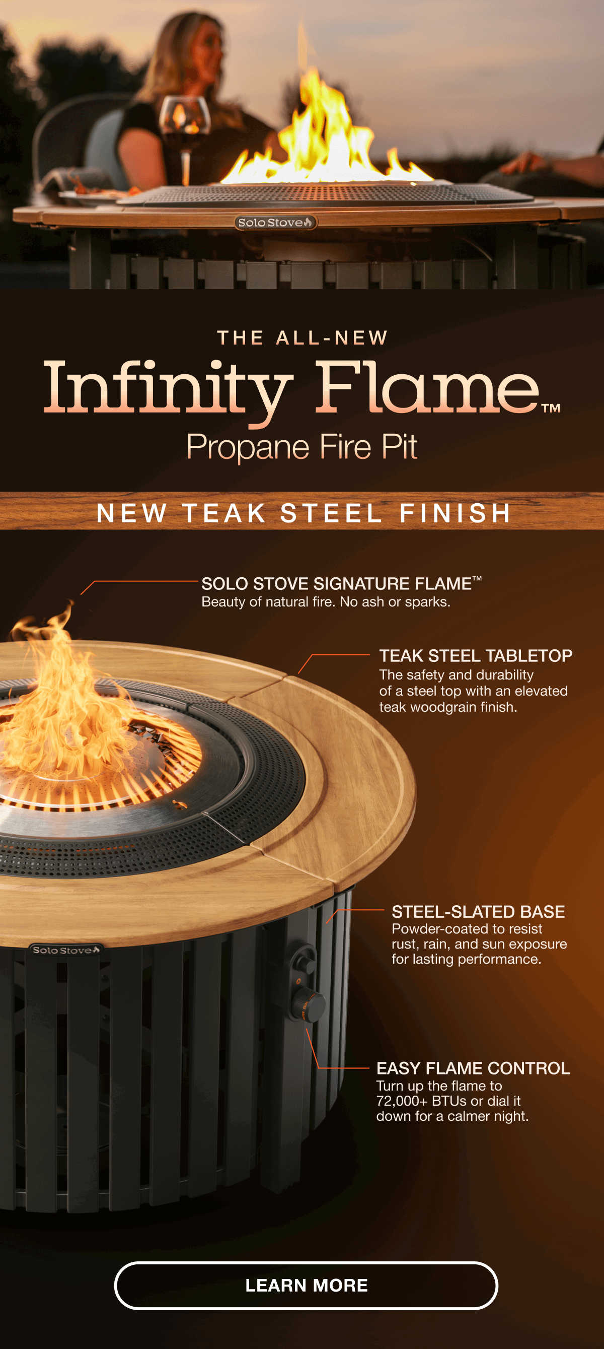 Infinity Flame Propane Fire Pit + Surround Surface - Teak Steel Finish