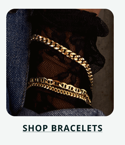 Stacked gold chain bracelets including Cuban & mariner links. Click here to shop bracelets
