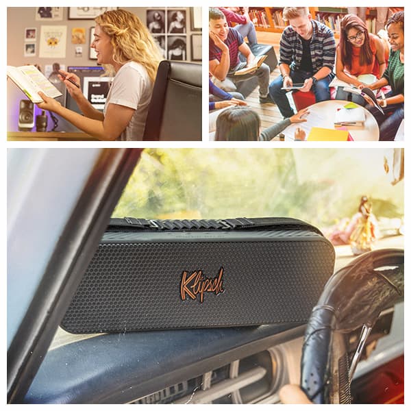 Three part image that shows students going back to school. Two images feature the Klipsch ProMedia Lumina computer speaker and Music City Detroit portable Bluetooth speaker.