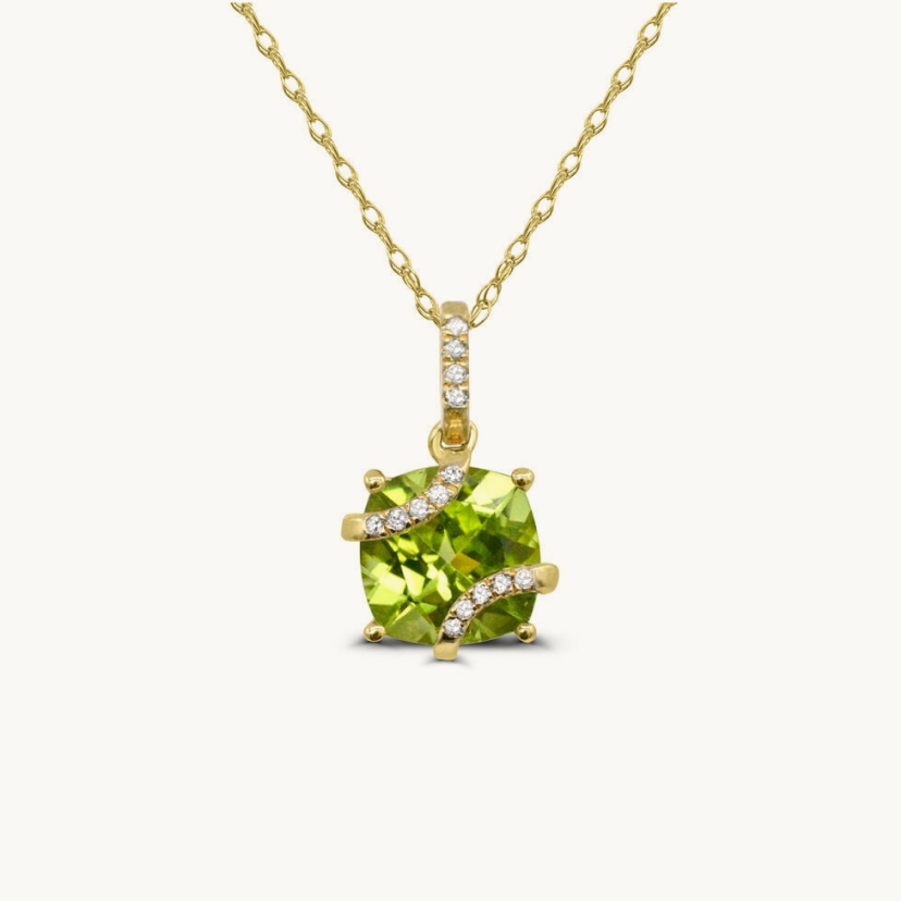 Cushion-Cut 7mm Peridot Diamond Swirl 18" Pendant in 10k Yellow Gold