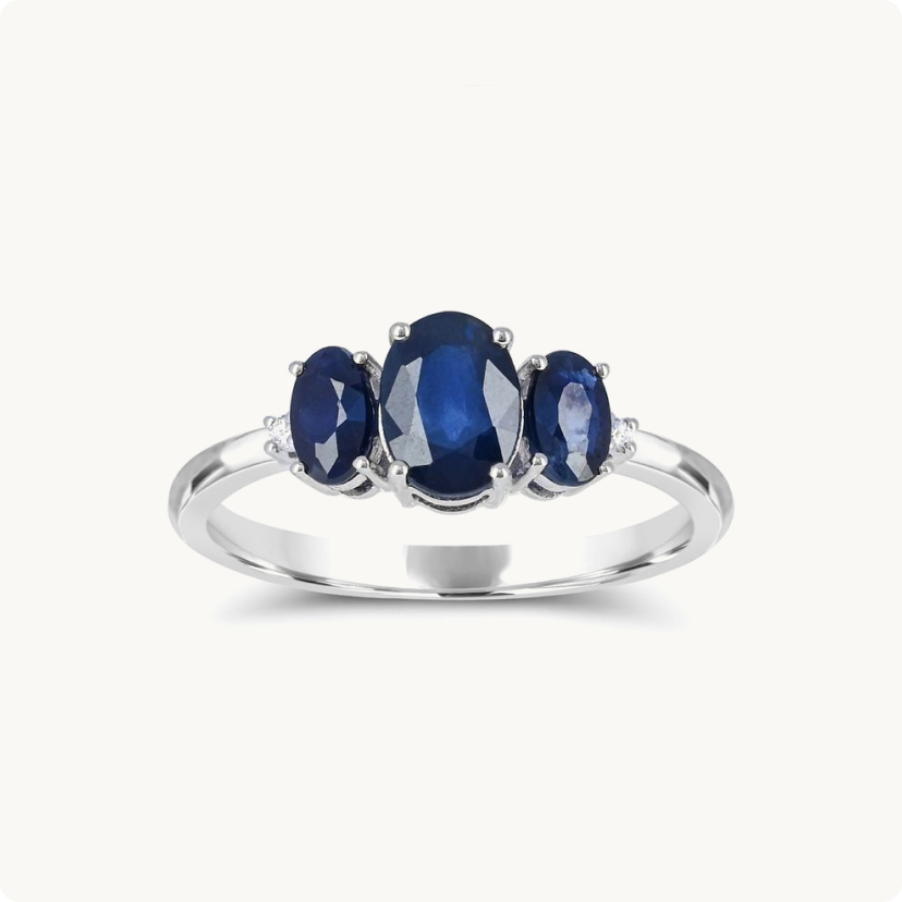 Sapphire and Diamond Three Stone Ring in 10k White Gold