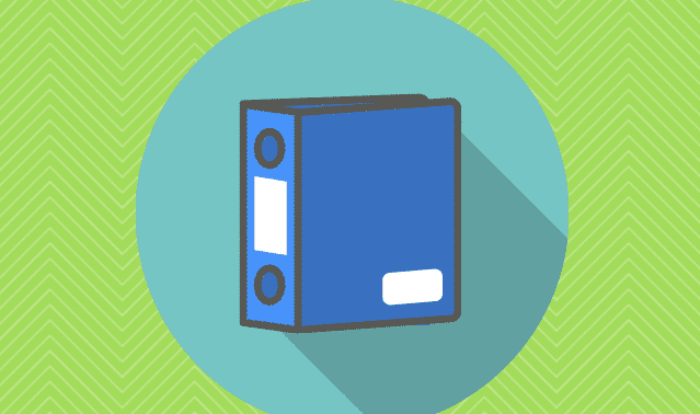 Illustration of a blue binder on a teal circle background with a green zigzag pattern.