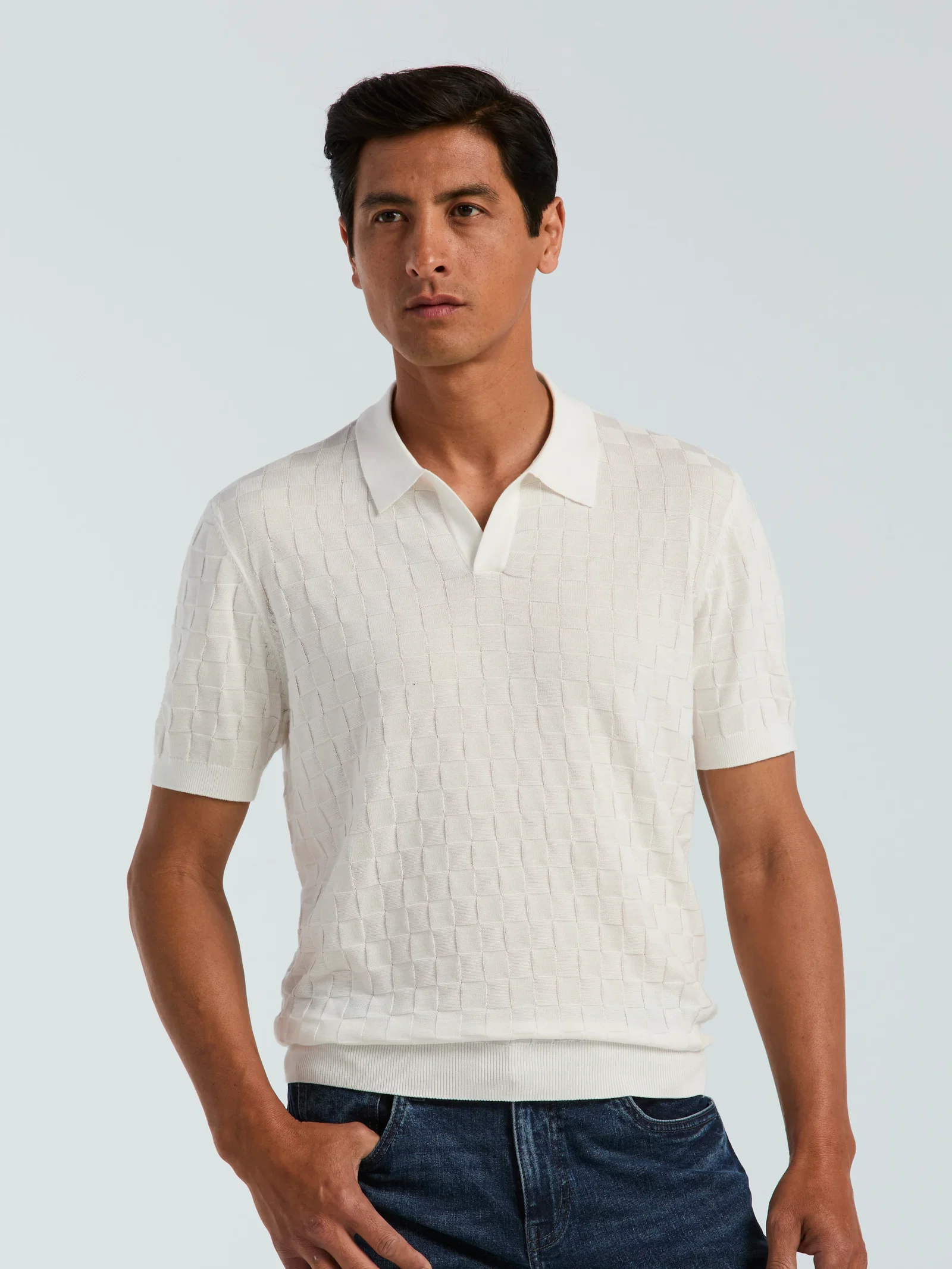 Square Pattern Open Collar Sweater Polo