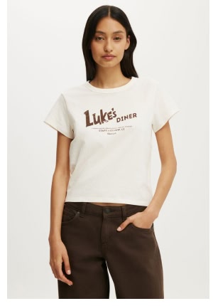 Luke's Diner graphic tee with brown pants