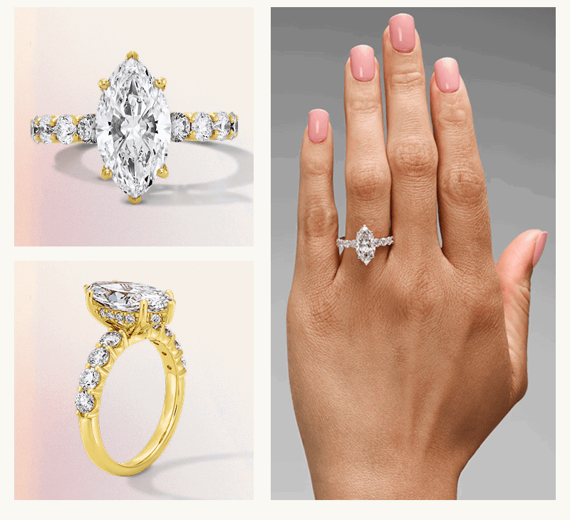 Three-panel product image of marquise-cut diamond ring on diamond band from top view, profile view & hand view.