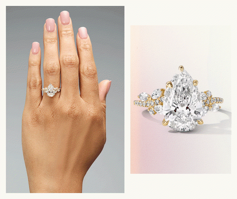 Side-by-side view of gold ring with pear-cut diamond,  next to close-up product shot.