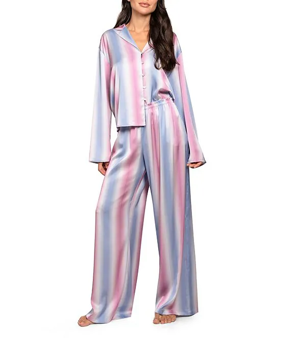 Midnight Bakery Long Sleeve Notch Collar Satin Striped Long Pajama Set